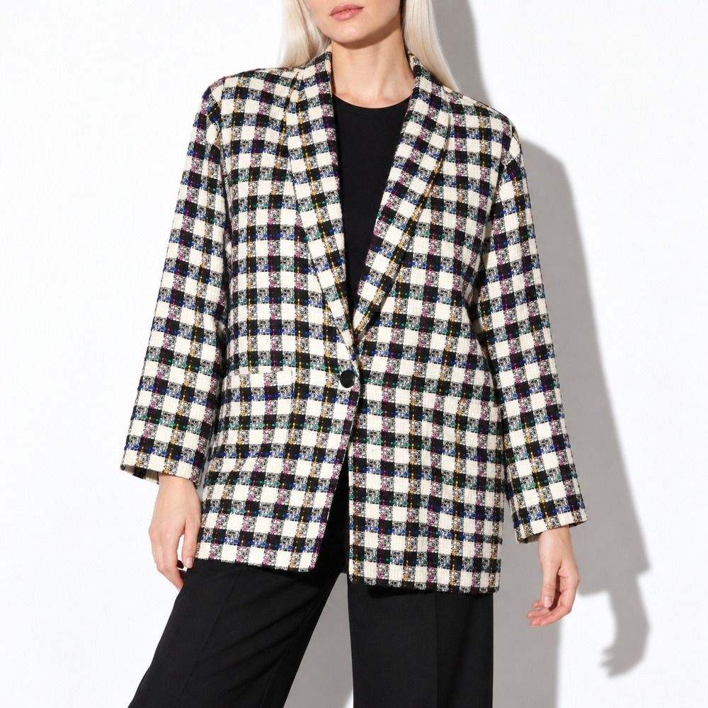 90s Vintage Cotton Check Plaid Blazer Womens L White Black Boucle Tweed Gingham